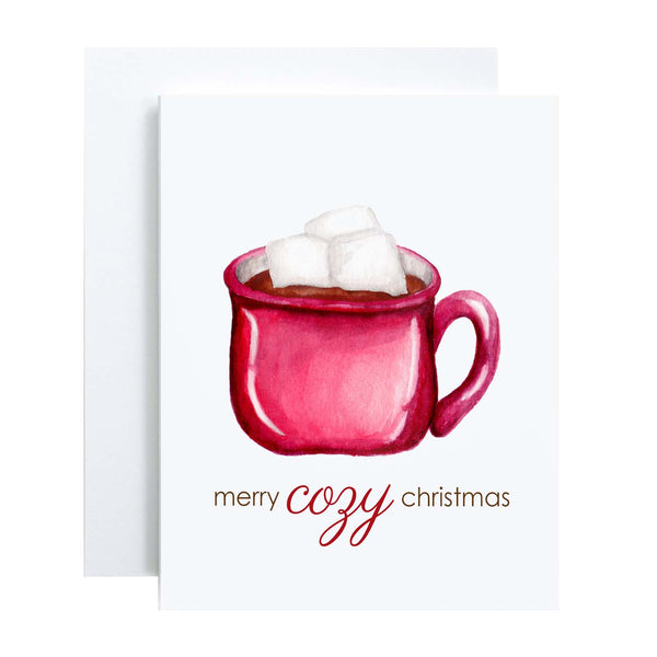 Watercolor Christmas greeting card with a watercolor painted red mug full of hot cocoa and heaping with marshmallows that says merry cozy christmas