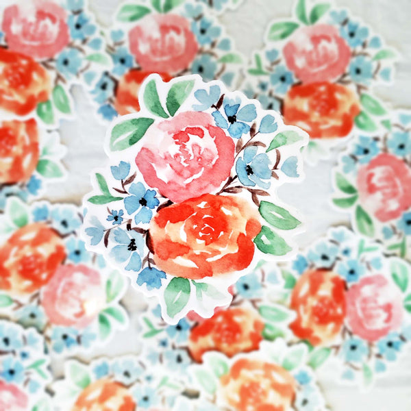 3" Autumn Floral Vinyl Sticker in blue, green, coral and pink