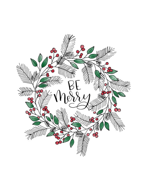 Wall art that says be merry in black with wreath of evergreen berries and leaves surrounding words
