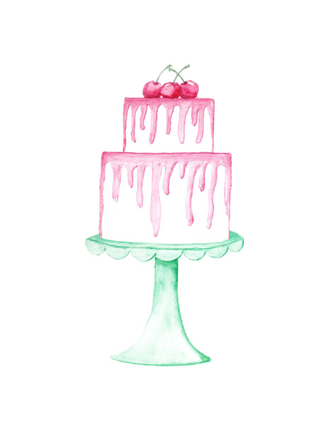 watercolor painted layered white cake with dripping pink frosting topped with three red cherries and sitting on a seafoam green scalloped cake stand