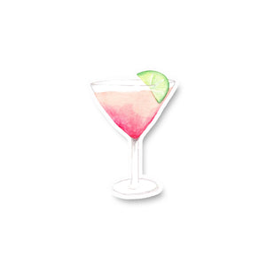 3" vinyl sticker of a watercolor martini glass with a pink cocktail and a slice of lime for garnish