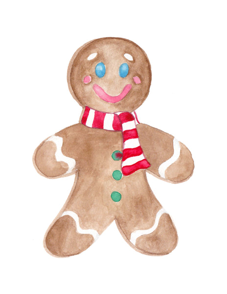 Watercolor gingerbread man painting with a red and white striped scarf 