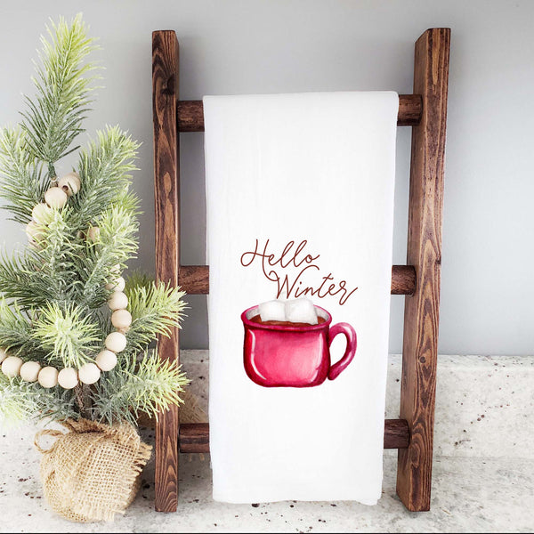 Hello Winter Hot Cocoa Watercolor Floursack Tea Towel