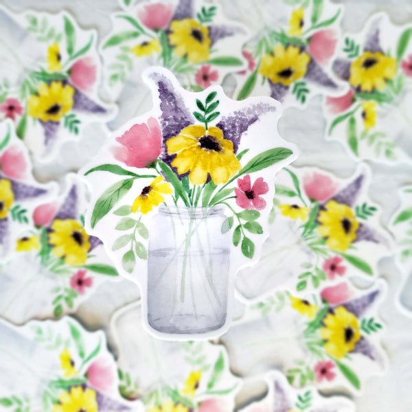 3" vinyl sticker of watercolor mason jar full of wild summer flowers