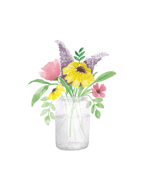 Mason Jar Flowers Watercolor Wall Art