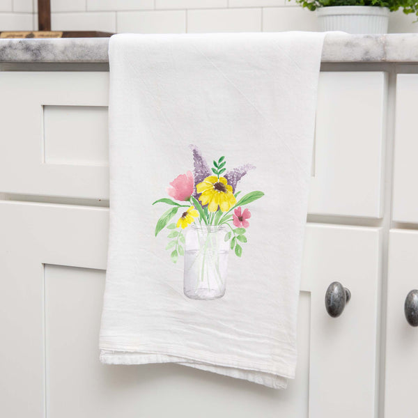 Mason Jar Wild Flowers Watercolor Floursack Kitchen Towel