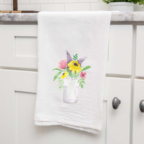 Mason Jar Wild Flowers Watercolor Floursack Kitchen Towel