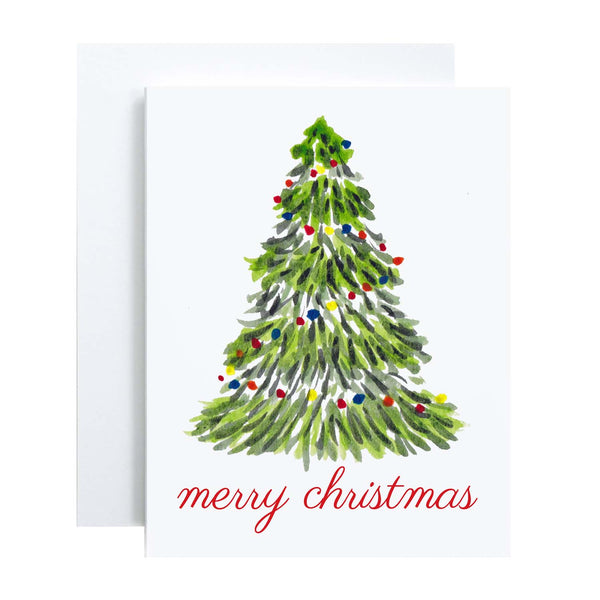 Merry Christmas greeting card with a watercolor Christmas tree with colorful lights and merry christmas message 