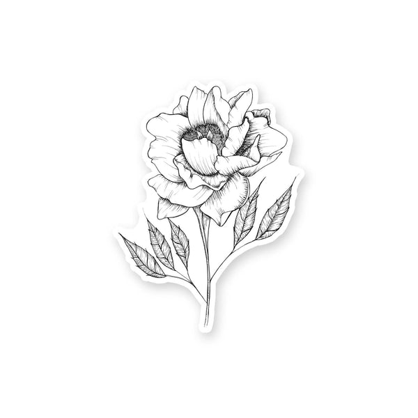 3" hand illustrated, black and white botanical peony vinyl sticker