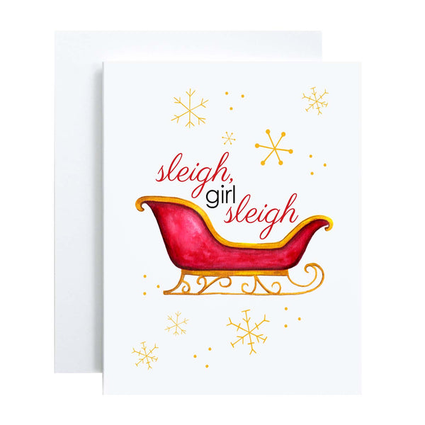 Watercolor Christmas greeting card with a watercolor painted red and gold sleigh and gold snowflakes with message that says sleigh, girl sleigh