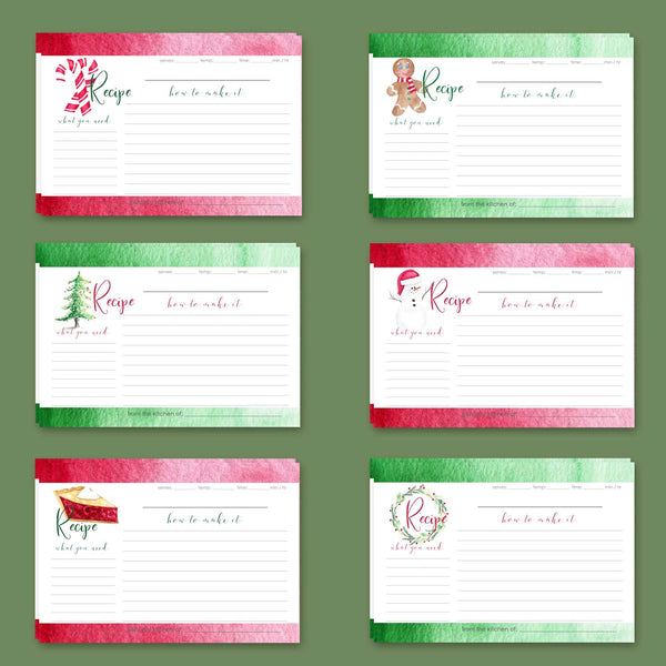 Christmas Collection - Watercolor Recipe Card Set of 12